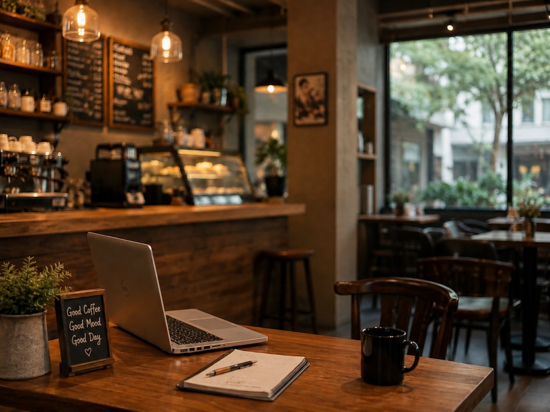 Cafe table with laptop, notebook, and coffee mug.